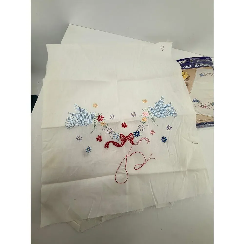 Bucilla Doves Stamped Embroidery Dresser Scarf Kit 14x36 Vintage 1992 Begun